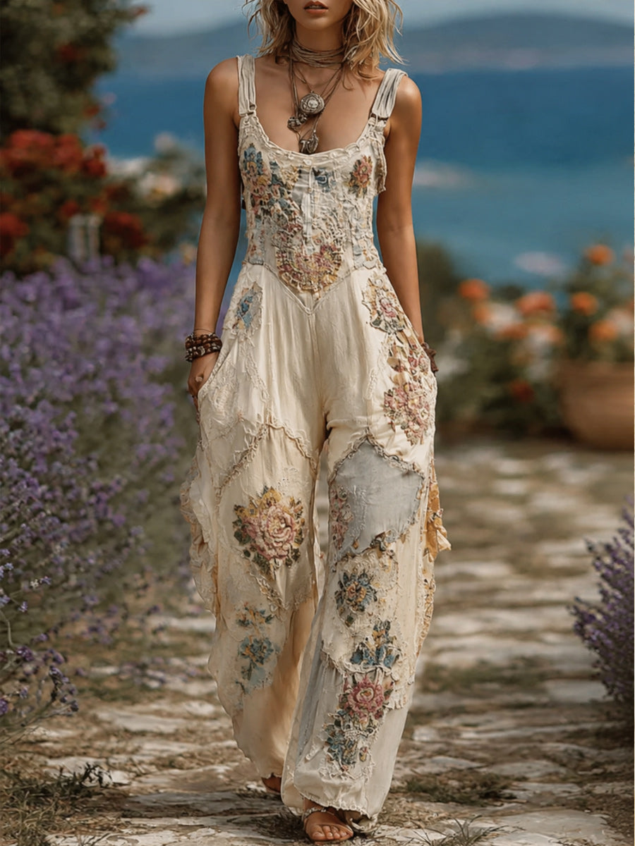 Women's Retro Style Art Print Washed Cotton Denim Patchwork Jumpsuit